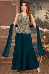 Green Georgette Embroidered Palazzo Suit - red georgette saree embroidered