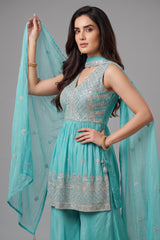 Sea Green Glass Tissue Organza Embroidered Palazzo Suit - red organza saree embroidered