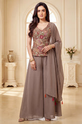 Iris Mauve Georgette Floral Embroidered Palazzo Suit - red georgette saree embroidered