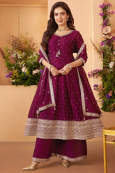 Magenta Art Silk Sequin Embroidery Anarkali Palazzo Suit - magenta silk saree embroidery