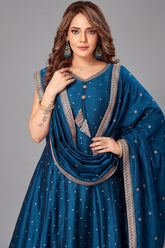 Rama Blue Art Silk Sequin Embroidery Anarkali Palazzo Suit - blue silk saree embroidery