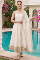 Pearl White Art Silk Sequins Embroidery Worked Anarkali Suit