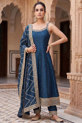 Rama Blue Art Silk Sequins Embroidery Worked Anarkali Suit