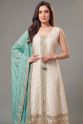 Cream Art Silk Sequin Embroidery Worked Suit - cream silk saree embroidery