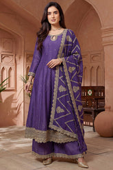 Purple Art Silk Embroidered Anarkali Palazzo Suit - red silk saree embroidered