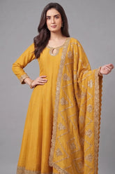 Yellow Art Silk Embroidered Anarkali Palazzo Suit - red silk saree embroidered
