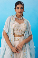 Cream Viscose Cape Palazzo Set with crop top and flared palazzo