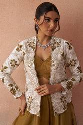 Golden Mustard Tissue Crop Top with Floral Embroidered Jacket and Palazzo Set - red saree embroidered