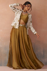 Golden Mustard Tissue Crop Top with Floral Embroidered Jacket and Palazzo Set