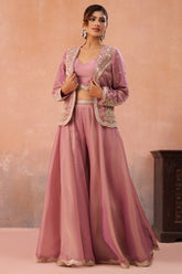 Pink Tissue Crop Top Palazzo Set full length wedding reception and festive look