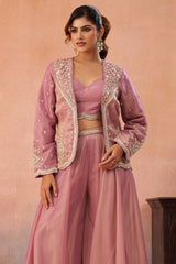 Pink Tissue Crop Top with Embroidered Jacket and Flared Palazzo Set
