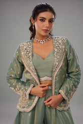 Sage Green Tissue Crop Top Palazzo Set showcasing close up beadwork and embroidery details