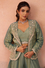 Sage Green Tissue Crop Top with Embroidered Jacket and Flared Palazzo Set