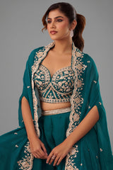 Teal Blue Organza Beads Embroidered Crop Top with Flared Cape and Palazzo Set