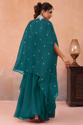 Teal Blue Organza Beads Embroidered Crop Top with Flared Cape and Palazzo Set - red organza saree embroidered