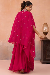 Dark Pink Organza Beads Embroidered Crop Top with Flared Cape and Palazzo Set - red organza saree embroidered