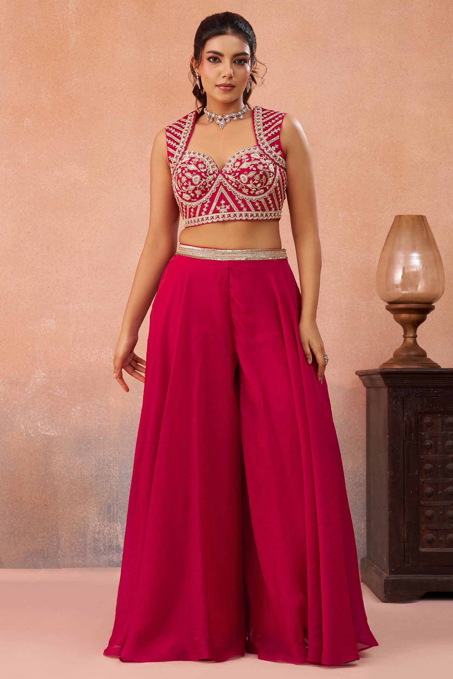 Dark Pink Organza Crop Top Palazzo Set full length wedding guest and festive look