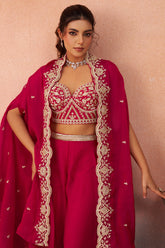 Dark Pink Organza Crop Top Palazzo Set highlighting the premium sheer organza fabric texture close up