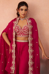 Dark Pink Organza Crop Top Palazzo Set highlighting the premium sheer organza fabric texture close up