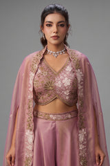 Light Pink Tissue Beads Embroidered Crop Top with Cape and Flared Palazzo Set