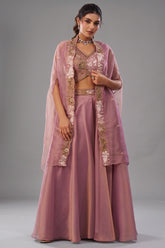 Light Pink Tissue Beads Embroidered Crop Top with Cape and Flared Palazzo Set