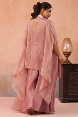 Light Pink Tissue Beads Embroidered Crop Top with Cape and Flared Palazzo Set