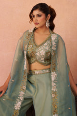 Sage Green Tissue Beads Embroidered Crop Top with Flared Cape and Palazzo Set