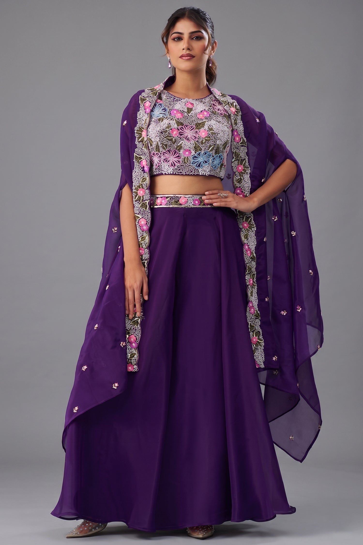 Royal Purple Crepe Beads Embroidered Crop Top with Flared Cape and Palazzo Set Front View