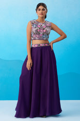 Back view of Royal Purple Crepe Beads Embroidered Crop Top with Flared Cape and Palazzo Set