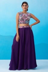 Back view of Royal Purple Crepe Beads Embroidered Crop Top with Flared Cape and Palazzo Set