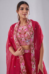 Close up of Dark Pink Crepe Embroidered Crop Top with Flared Cape showing Beads Details