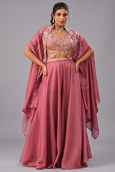 Coral Pink Crepe Beads Embroidered Crop Top with Cape and Flared Palazzo Set