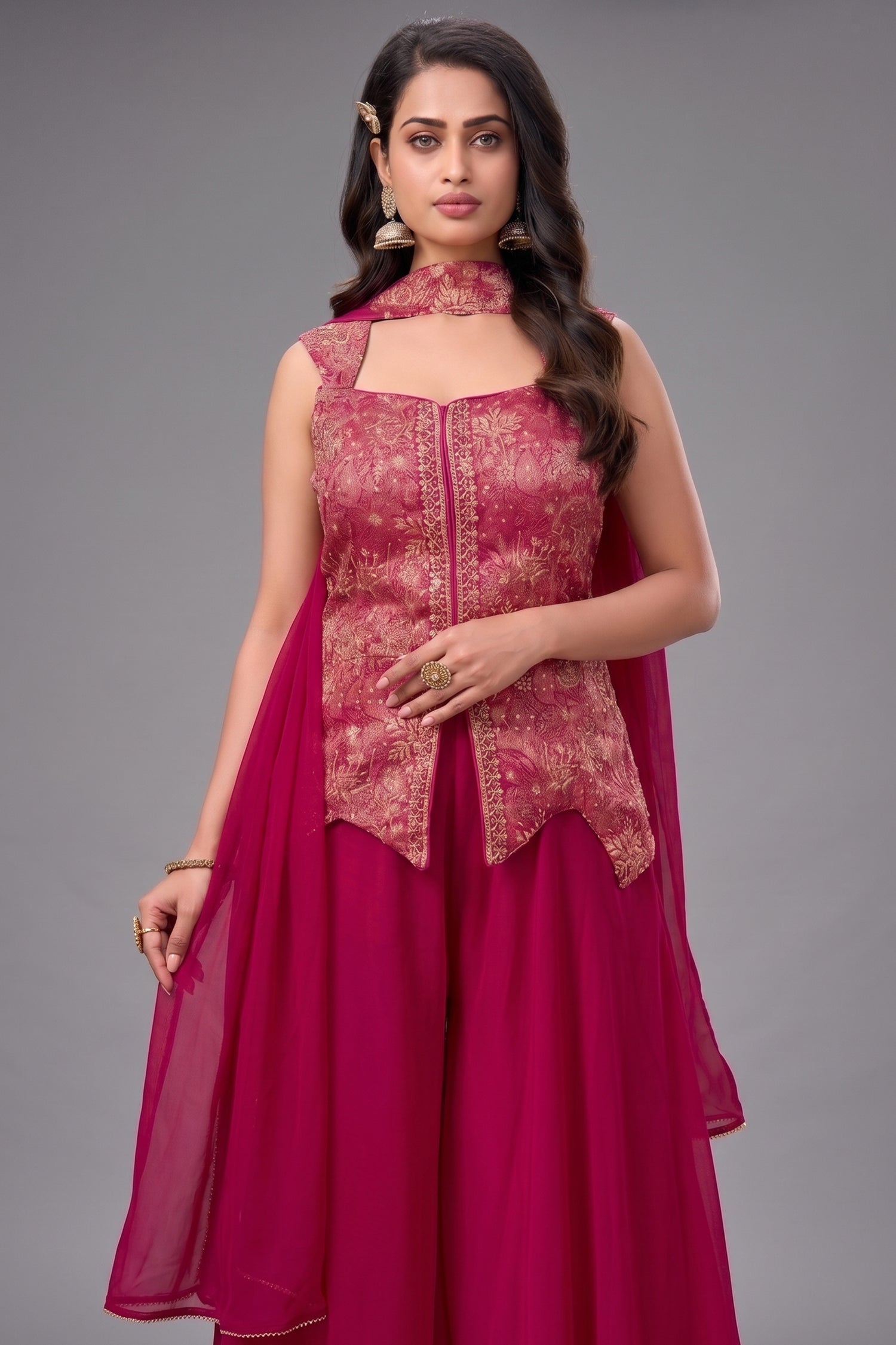 Close up of Rani Pink Brocade Silk Kurta showing Gold Woven Trellis and Cutdana Details