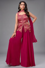 Rani Pink Brocade Woven Asymmetrical Palazzo Suit with Hand Detailed Mirror Work Neckline
