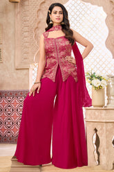 Model wearing Rani Pink Brocade Woven Asymmetrical Palazzo Suit with Super Flare Palazzos