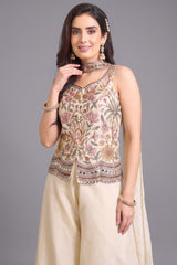 Close up of Ivory Cream Peplum Top showing Applique Work and Scalloped Hemline