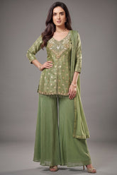Pista Green Chinon Silk Woven and Mirror Worked Palazzo Suit with Cutdana Embroidery Neckline