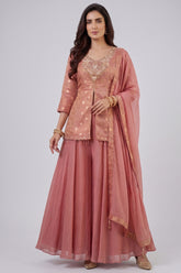 Dusty Peach Chinon Silk Woven and Mirror Worked Palazzo Suit with Cutdana Embroidery Neckline