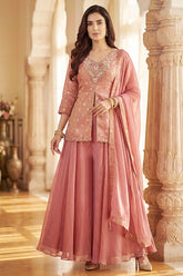 Model wearing Dusty Peach Chinon Silk Woven and Mirror Worked Palazzo Suit with Chiffon Dupatta