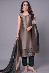 Dark Olive Green Brocade Silk Woven Straight Cut Suit with Cutdana and Beads Neckline