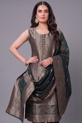 Close up of Dark Olive Green Brocade Silk Kurta showing Gold and Copper Zari Weaving