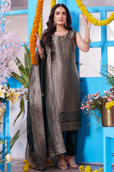 Dark Olive Green Brocade Silk Suit paired with Green Georgette Zari Woven Dupatta