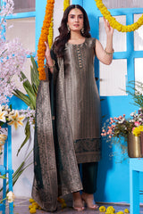 Dark Olive Green Brocade Silk Suit paired with Green Georgette Zari Woven Dupatta