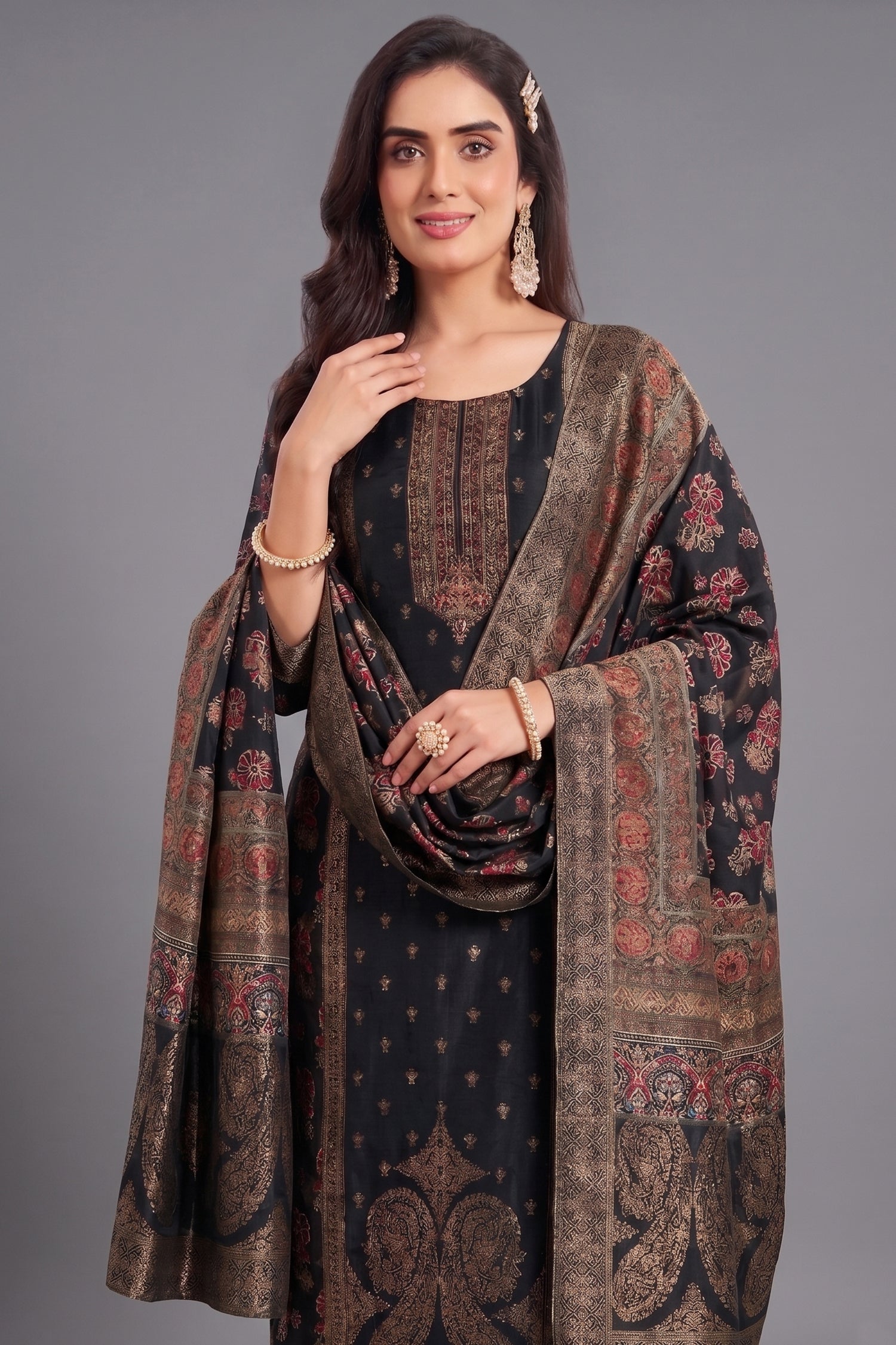 Close up of Black Art Silk Fabric showing Premium Printed Motifs and Texture