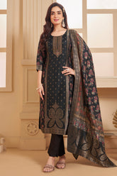 Model wearing Black Art Silk Printed Straight Cut Suit with Matching Dupatta