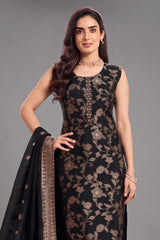 Close up of Black Georgette Kurta showing Intricate Jacquard Woven Patterns