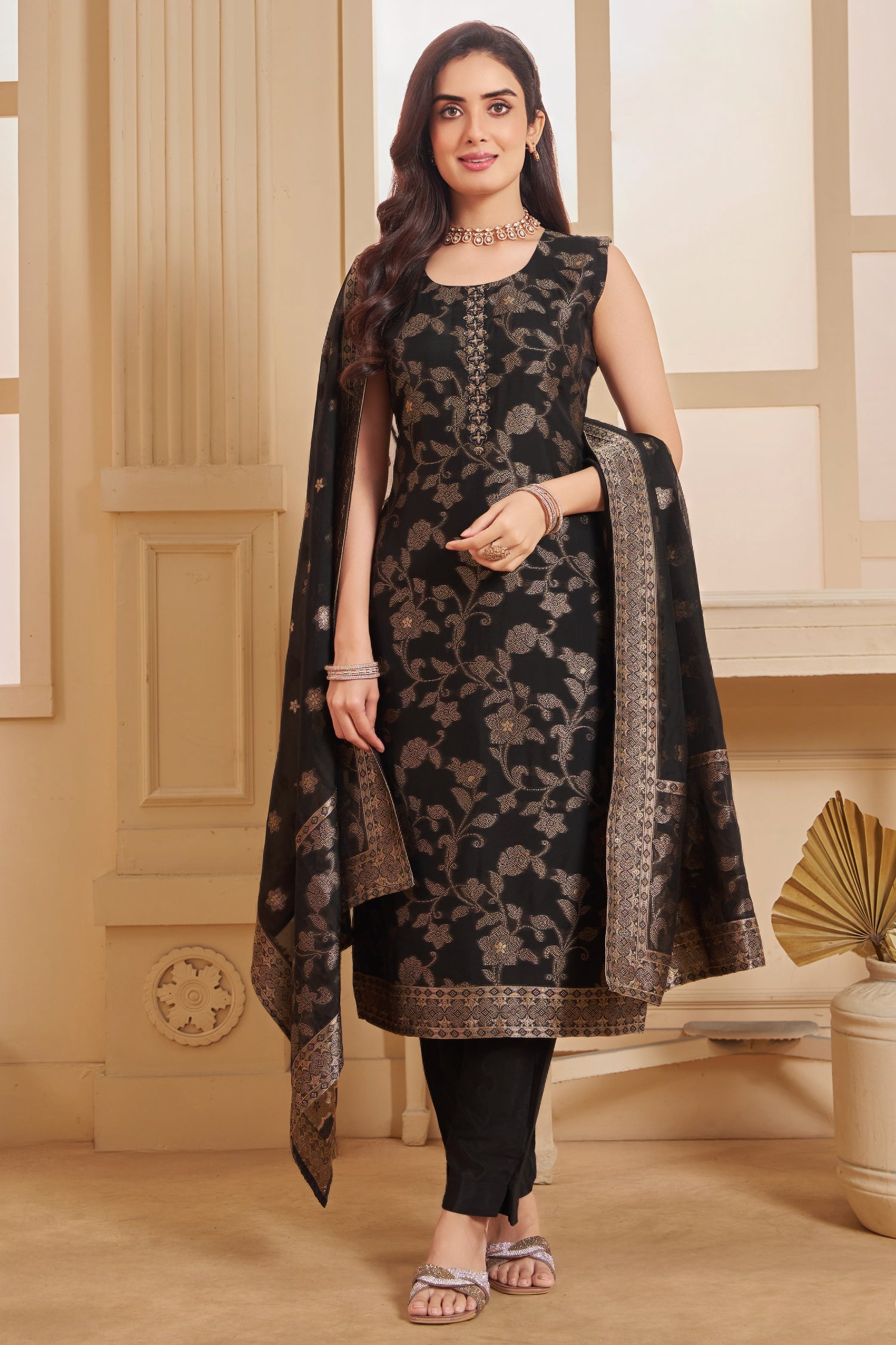 Model wearing Black Georgette Jacquard Woven Straight Cut Suit with Matching Dupatta