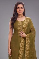 Close up of Olive Green Tissue Organza Kurta showing Jacquard Floral Weaving
