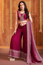 Traditional wine art silk crop top palazzo set with sequined dupatta