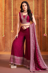 Traditional wine art silk crop top palazzo set with sequined dupatta